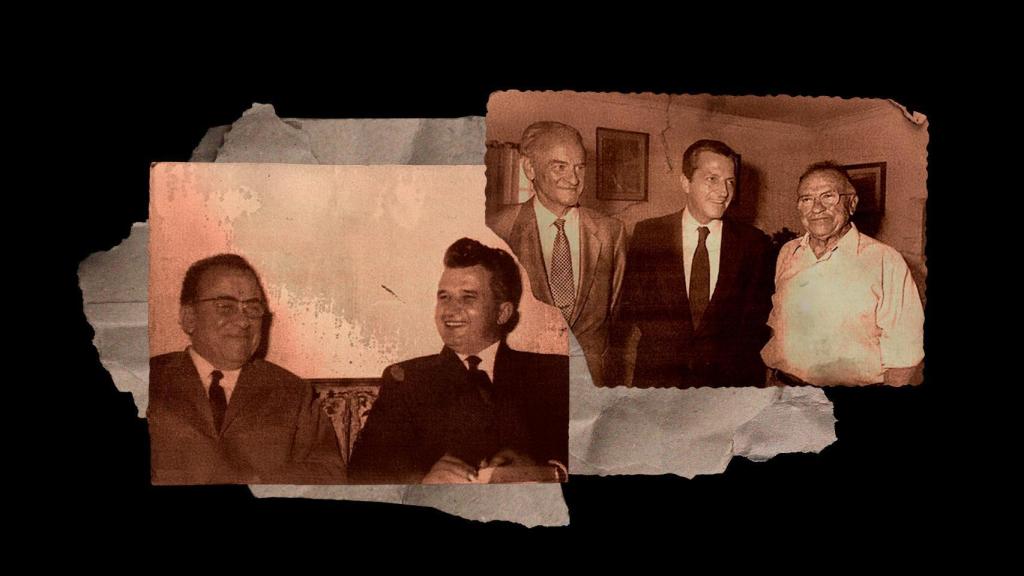 Arriba a la derecha: José Mario Armero, Adolfo Suárez y Santiago Carrillo (en orden de mención). Abajo a la izquierda: Santiago Carrillo junto al dictador rumano Nicolae Ceaucescu.