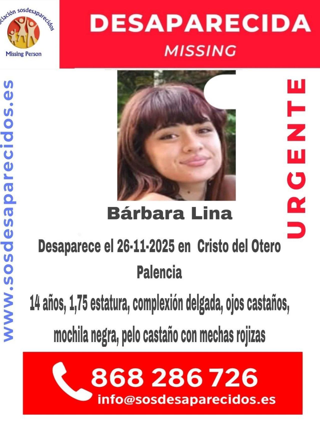El cartel de SOS Desaparecidos alertando sobre la desaparición de Bárbara Lina