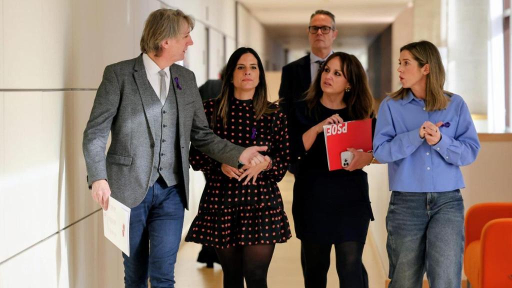 El secretario general del PSOECyL, Carlos Martínez, la vicesecretaria general del partido, Nuria Rubio, y la portavoz del Grupo Socialista en las Cortes, Patricia Gómez Urbán, durante la presentación de la iniciativa