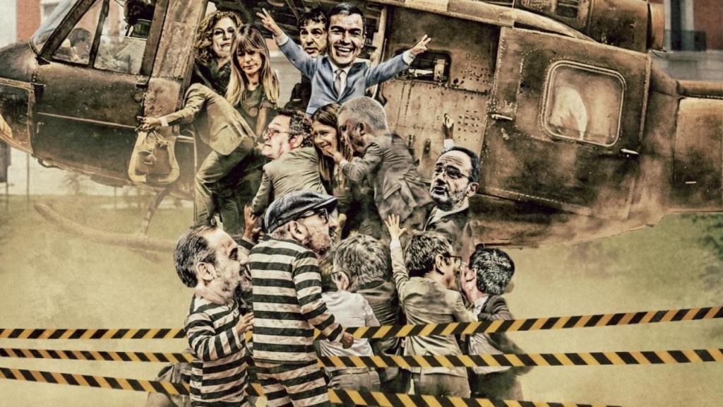 Ilustración de Sánchez en un helicóptero con presos.