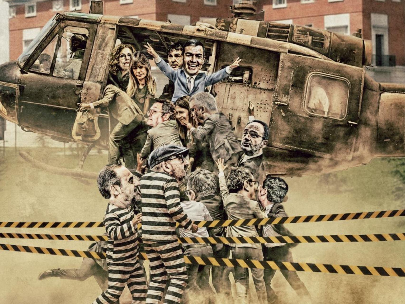 Ilustración de Sánchez en un helicóptero con presos.