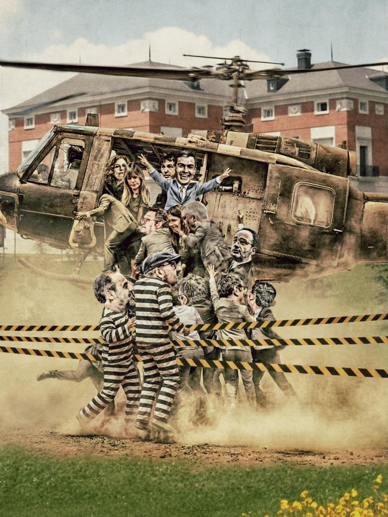 Ilustración de Sánchez en un helicóptero con presos.