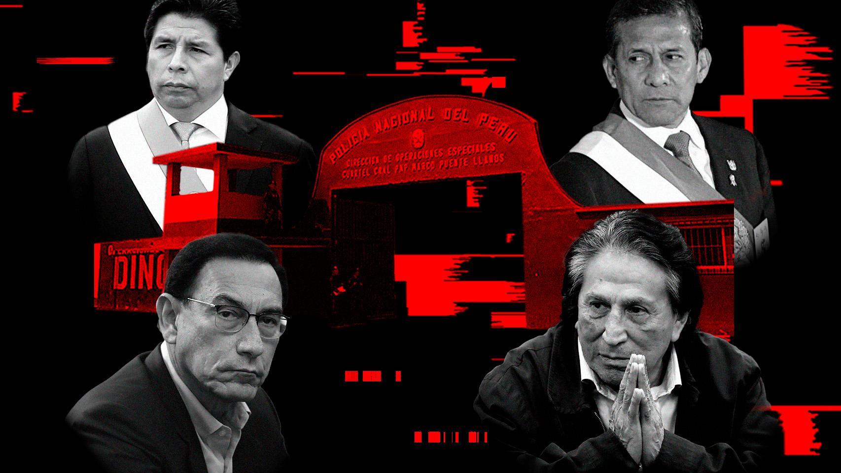 De izquierda a derecha y de arriba a abajo, los cuatros expresidentes de Perú encarcelados en el penal de Barbadillo: Pedro Castillo, Martín Vizcarra, Ollanta Humala y Alejandro Toledo.
