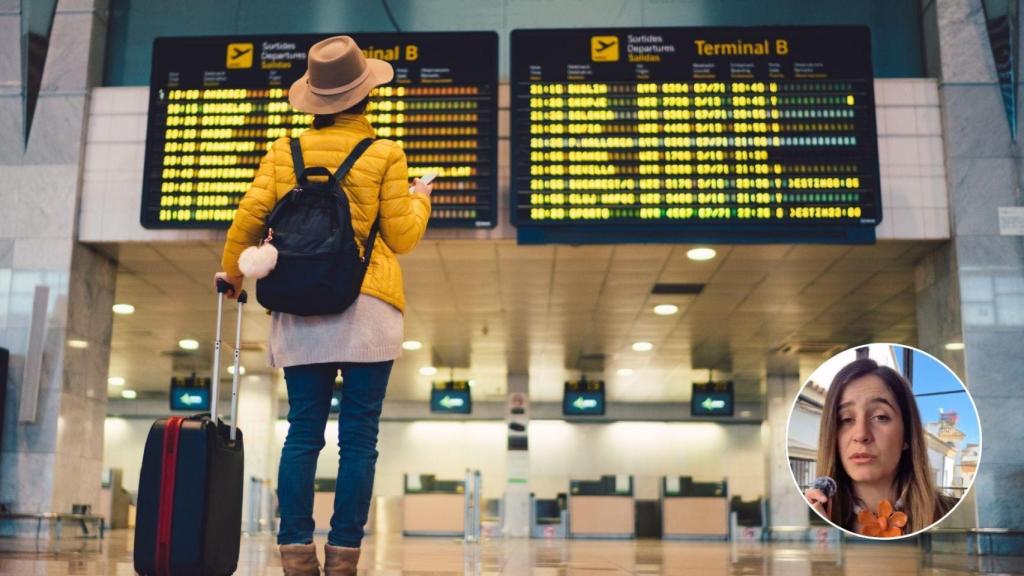 Montaje con una imagen de Laura Argal y una imagen de archivo de una persona que va a viajar.