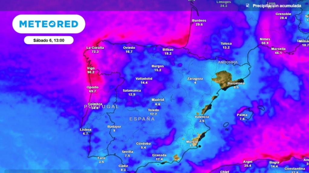 Precipitación acumulada prevista por el modelo europeo hasta el sábado al mediodía