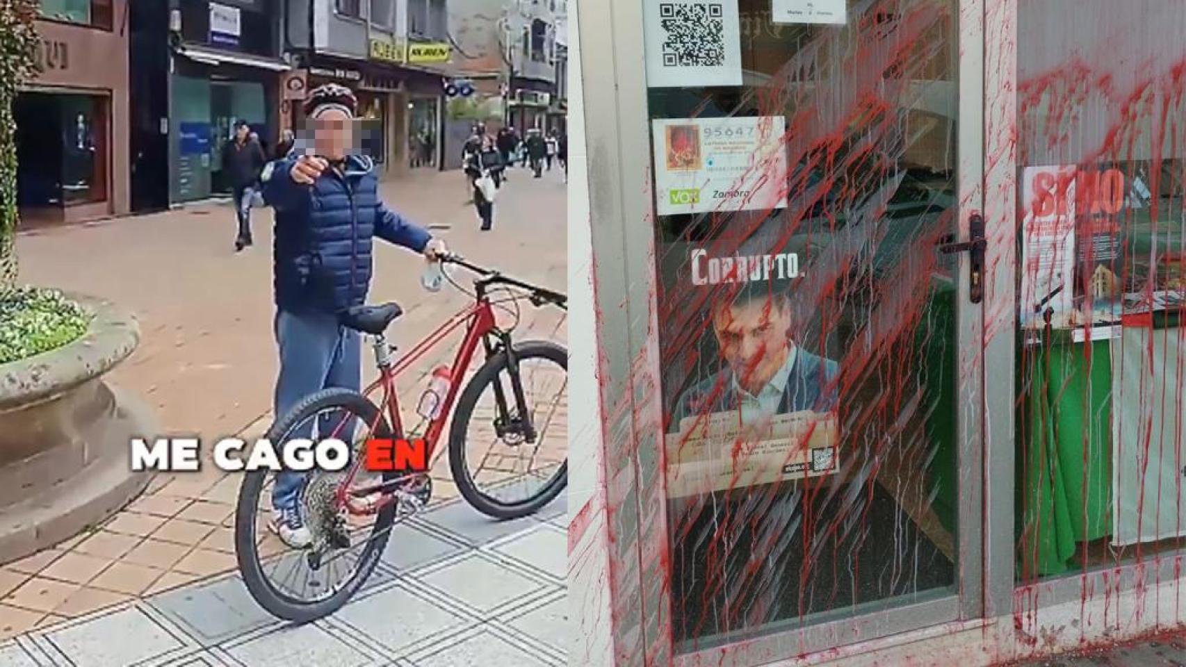 A la izquierda, fragmento del vídeo difundido por Vox Castilla y León que recoge la agresión en Ponferrada. A la derecha, sede vandalizada de Vox Zamora