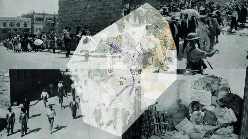 En el centro, el plano de Clifford Holliday para el reparto de Jerusalén en 1930. Arriba izq., judíos huyendo de la Ciudad Vieja de Jerusalén, agosto de 1929. Arriba dcha., funeral por los judíos asesinados en Safed, 1929. Abajo izq., persecución de judíos en Palestina. Abajo dcha., tumbas profanadas en la mezquita Nebi Akasha por alborotadores judíos en agosto de 1929.