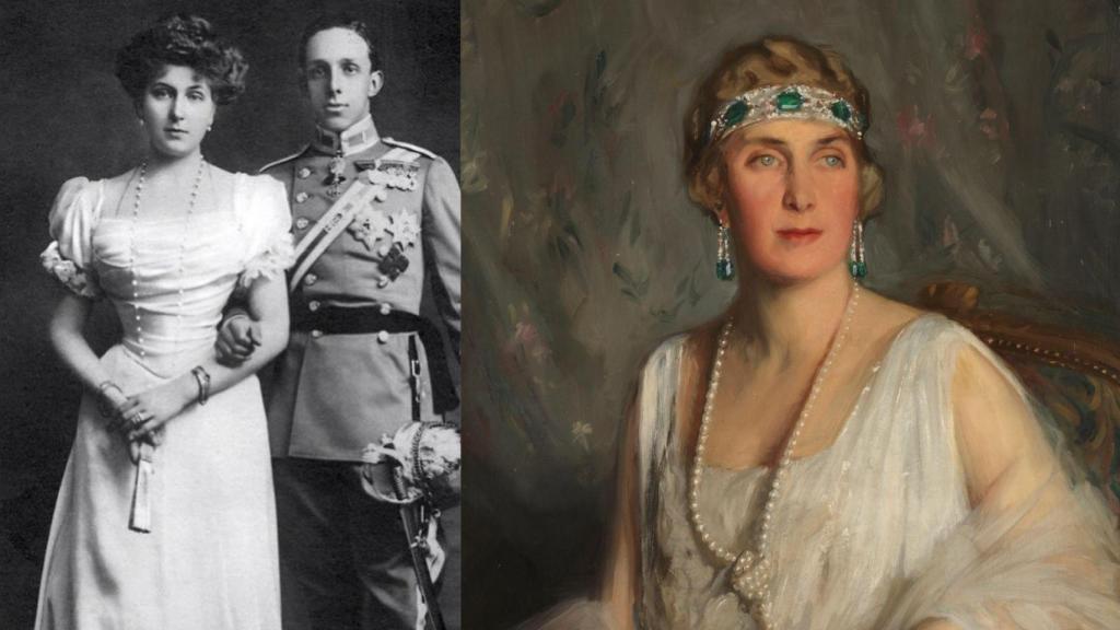 'Collage' con fotos y retratos de la reina Victoria Eugenia.