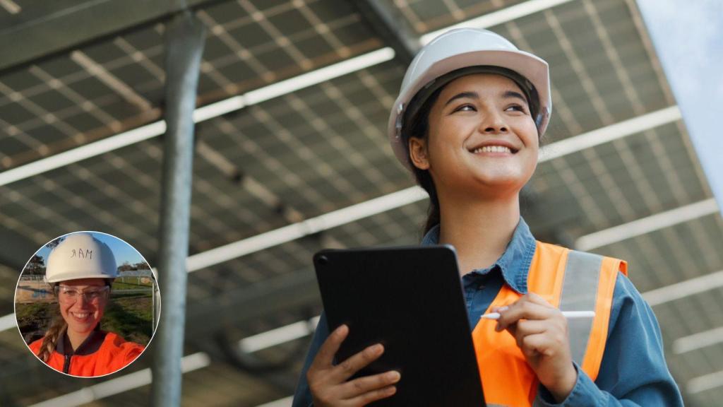 Mar Nogue (@marrnogue en Instagram) y una trabajadora en una instalación de paneles solares