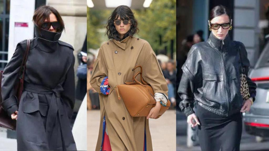 De izquierda a derecha, Victoria Beckham fotografiada en una salida urbana, el desfile de la colección S26 de Celine y Bella Hadid en una imagen de archivo.