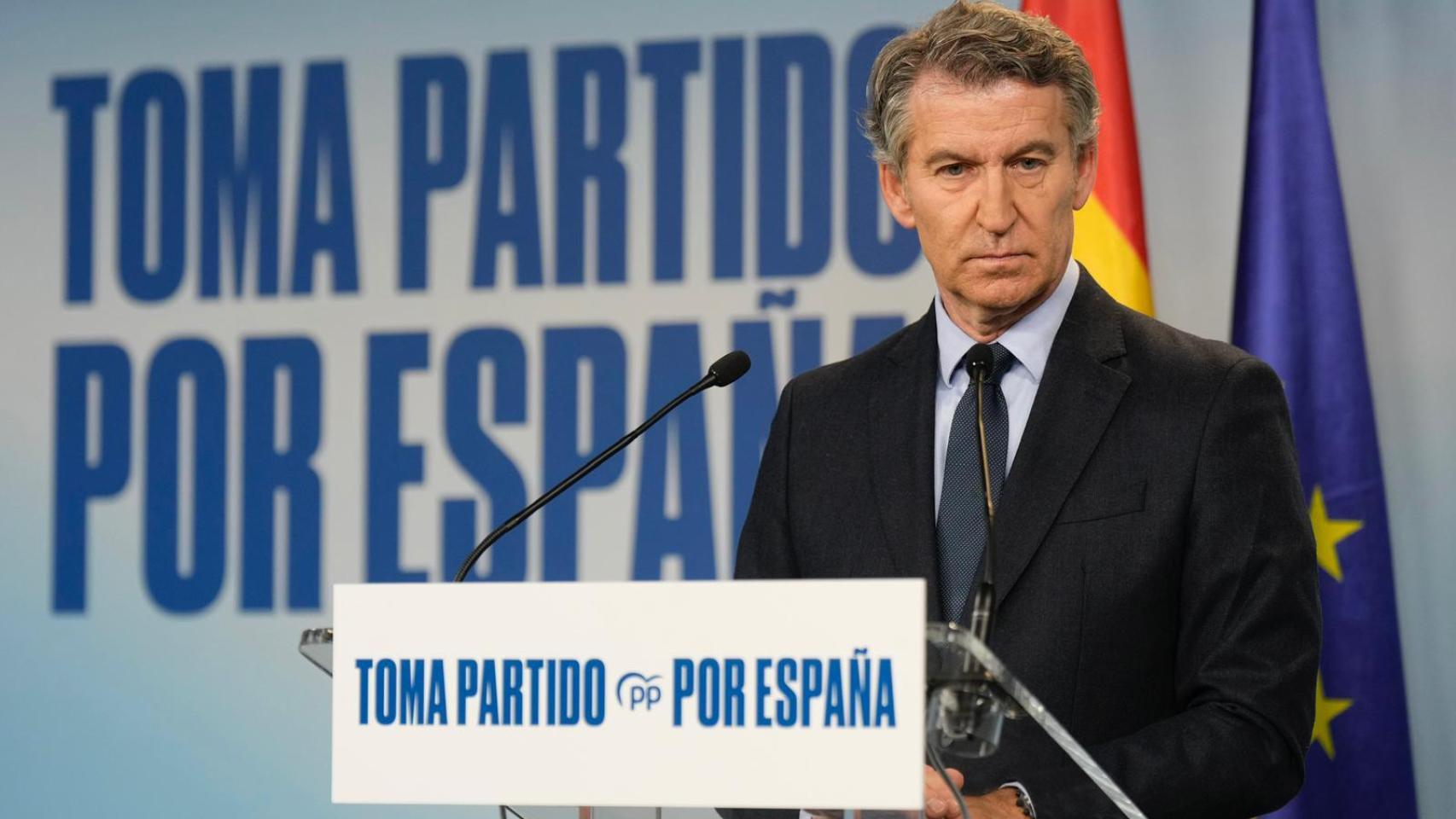 Alberto Núñez Feijóo, presidente del PP, en una comparecencia ante los medios en la sede de Génova.