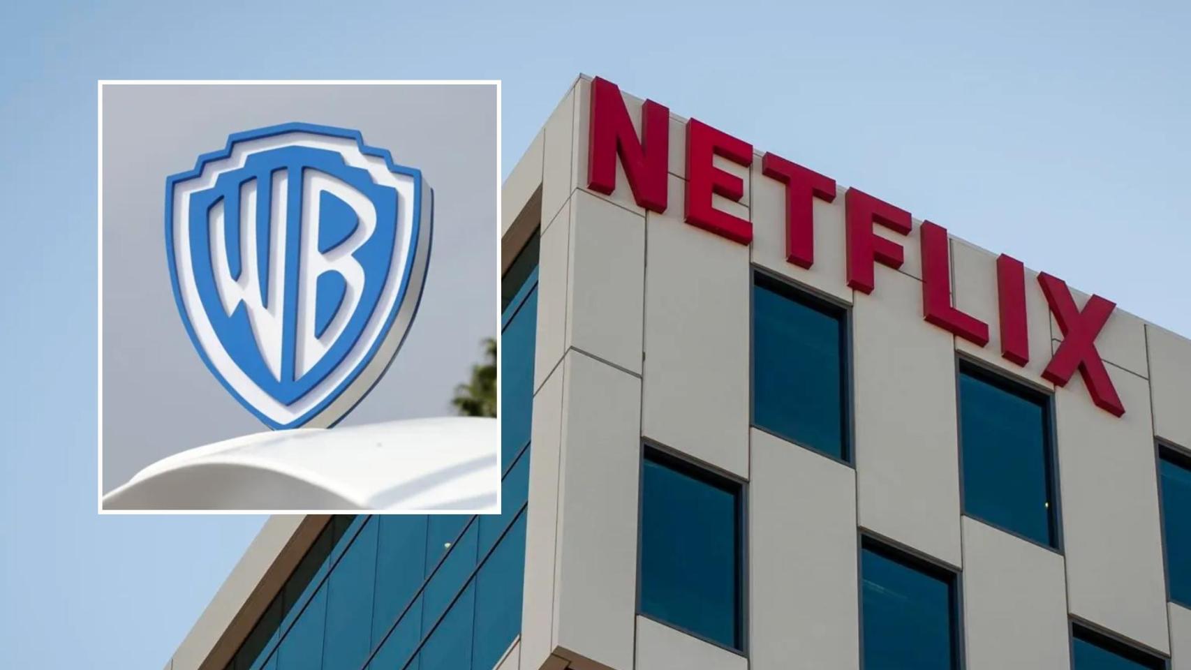 Logos de Warner Bros Discovery y Netflix en edicios.