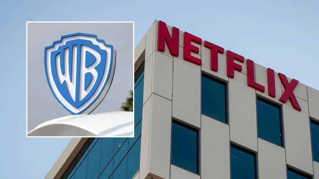Logos de Warner Bros Discovery y Netflix en edicios.