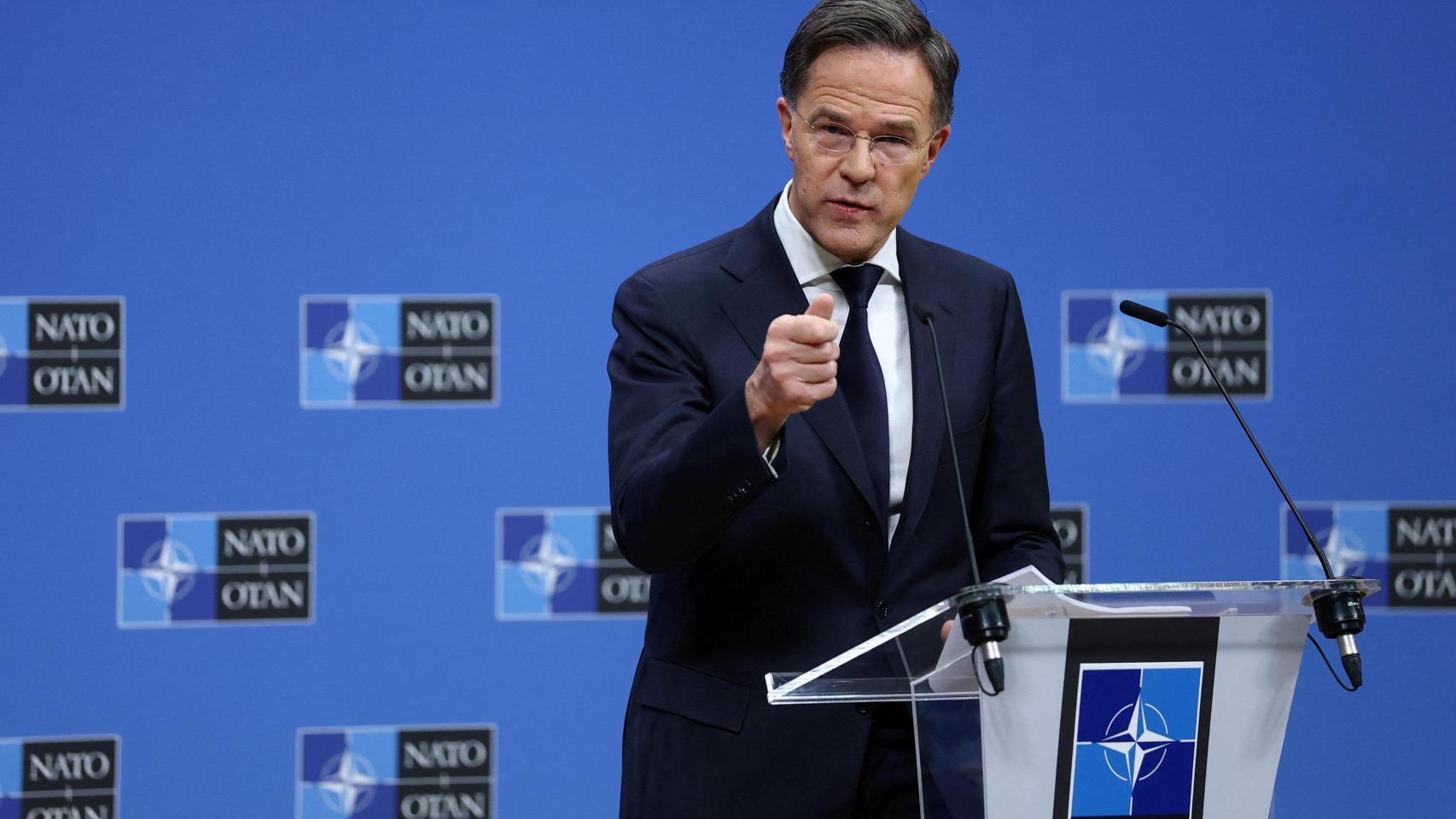 El secretario general de la OTAN, Mark Rutte, durante su rueda de prensa de este martes en Bruselas