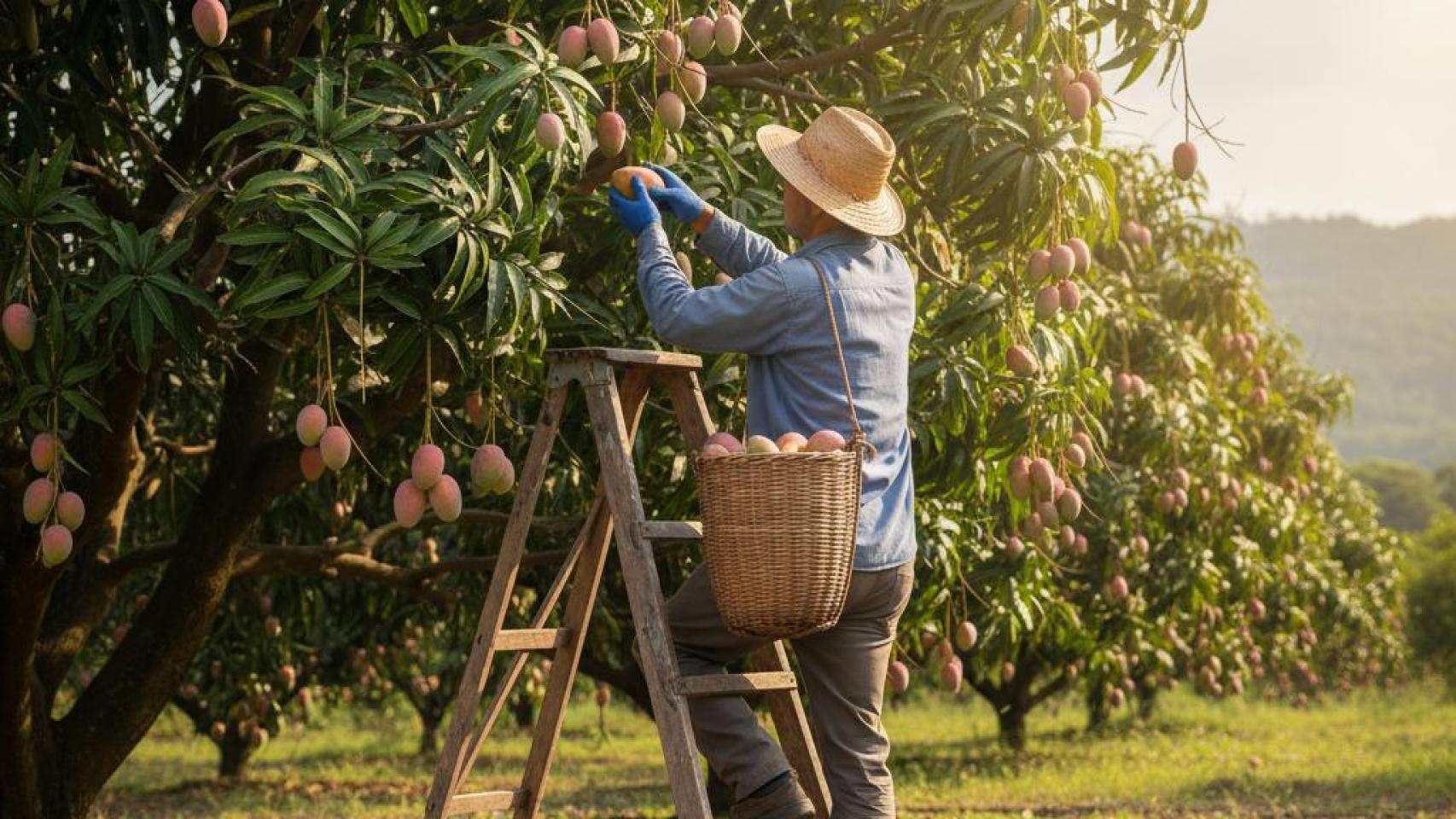 Un agricultor recogiendo mangos.