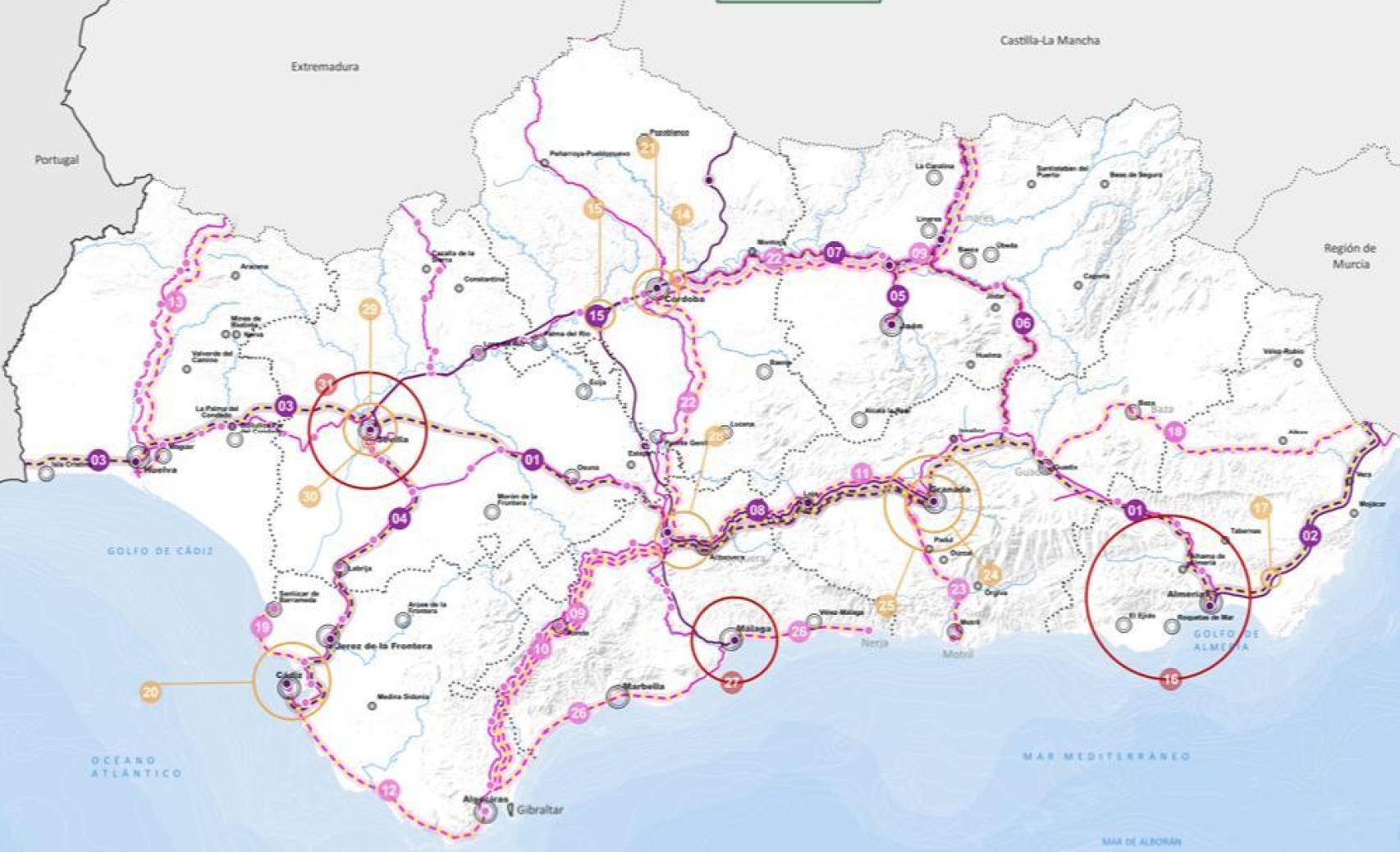 Mapa de infraestructuras ferroviarias previsto en la revisión del POTA.