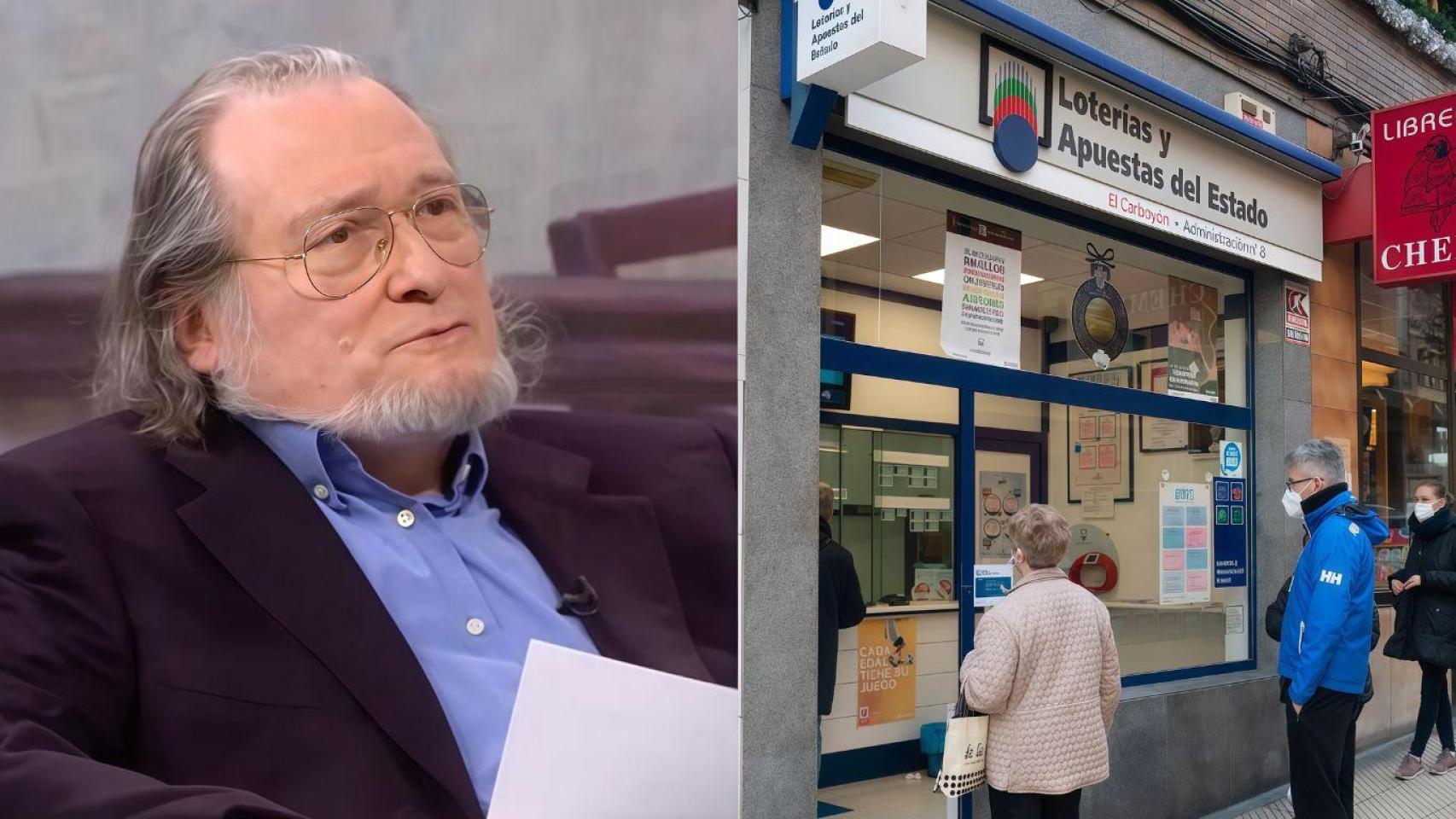 Montaje con Santiago Niño Becerra, economista y una administración de loterías (Imagen de archivo)