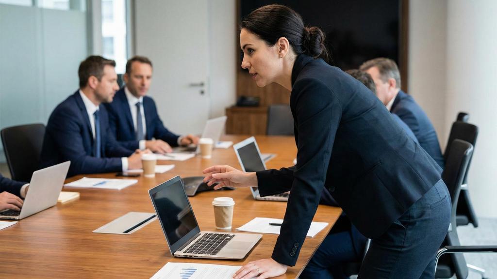 Emprendedora frente a socios hombres