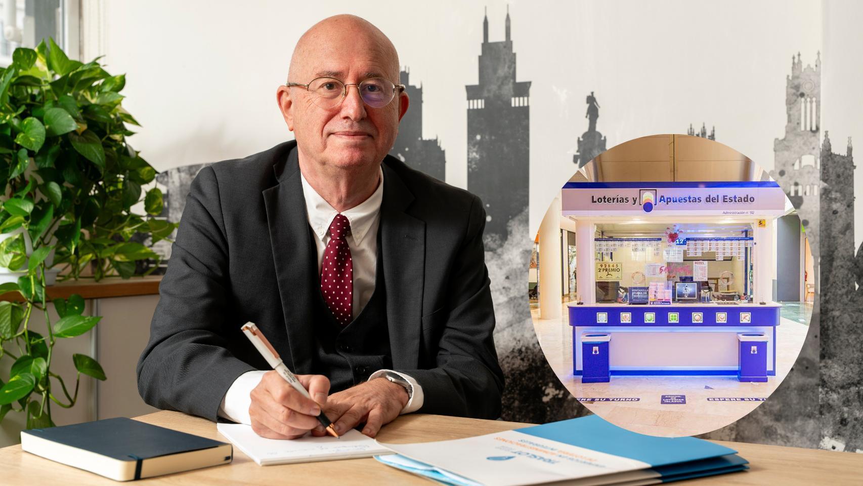 Montaje de Manuel Velasco con una administración de lotería.