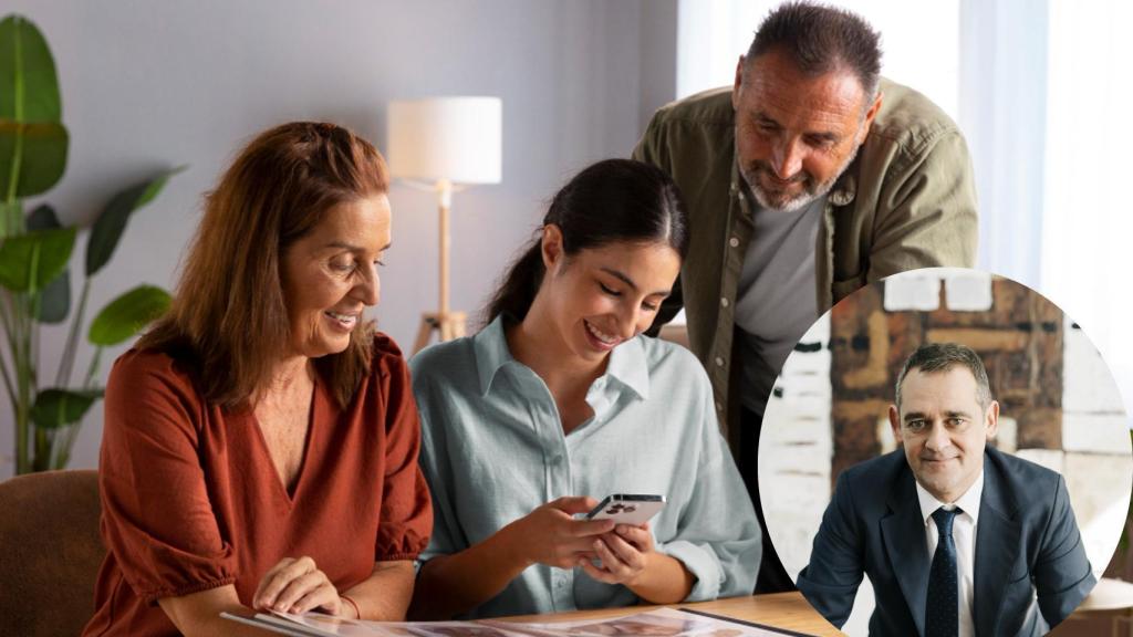 Montaje de Abel Marín con una familia planificando la herencia (Freepik).