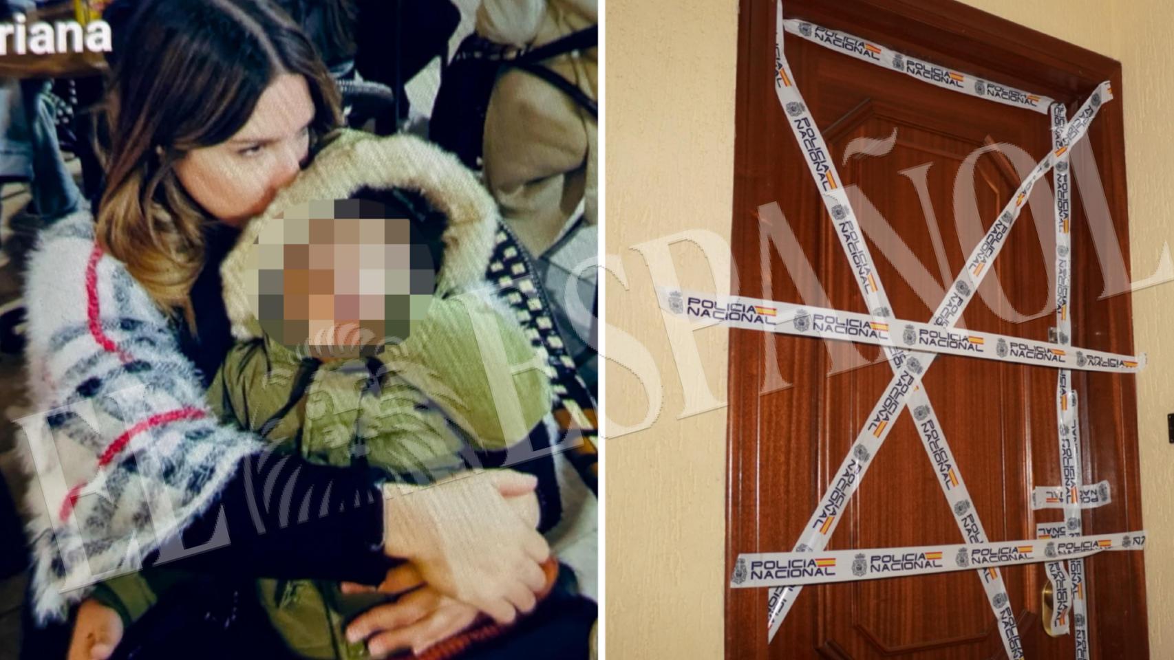 Oriana, la mujer asesinada en Alicante, con su hijo en brazos. A la derecha, la puerta de la vivienda donde ocurrió el crimen.