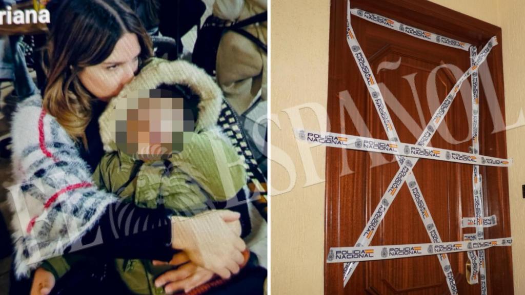 Oriana, la mujer asesinada en Alicante, con su hijo en brazos. A la derecha, la puerta de la vivienda donde ocurrió el crimen.