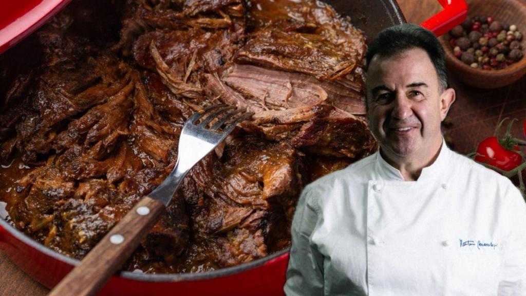 Martín Berasategui junto a una olla con guiso de ternera.