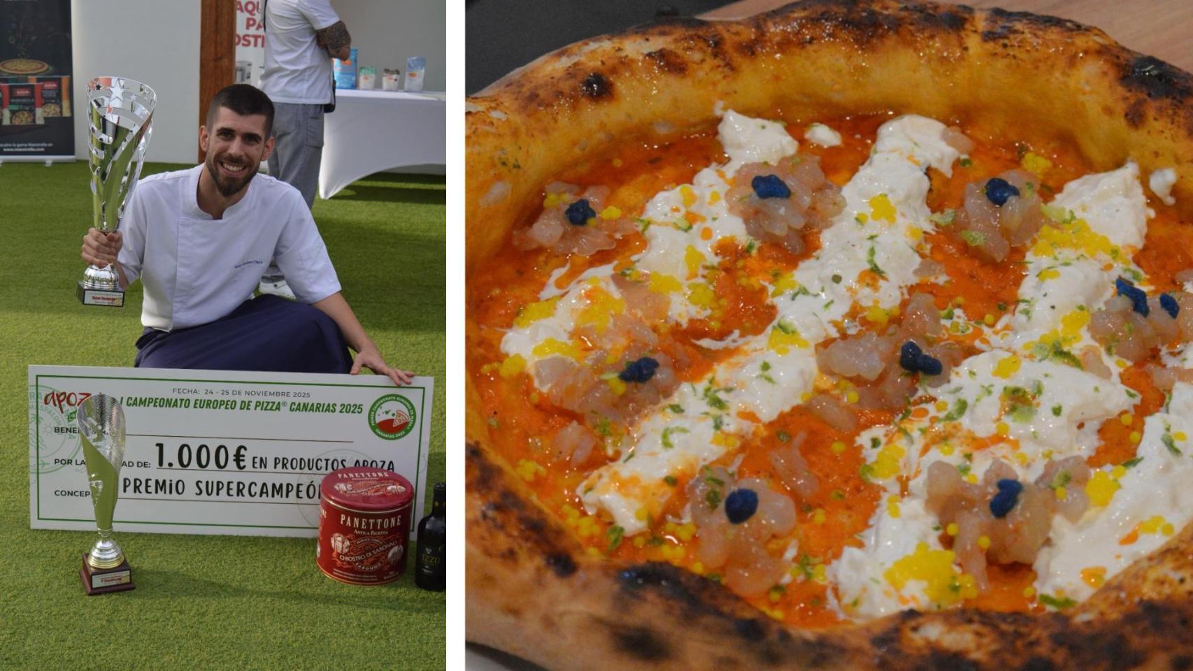 Un montaje de la pizza ganadora y Jesús Jiménez.