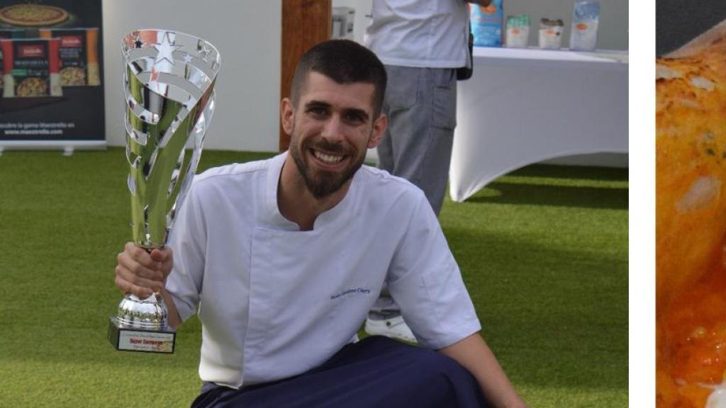 Un montaje de la pizza ganadora y Jesús Jiménez.