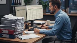 Una imagen generada por IA de un gestor administrativo con facturas.