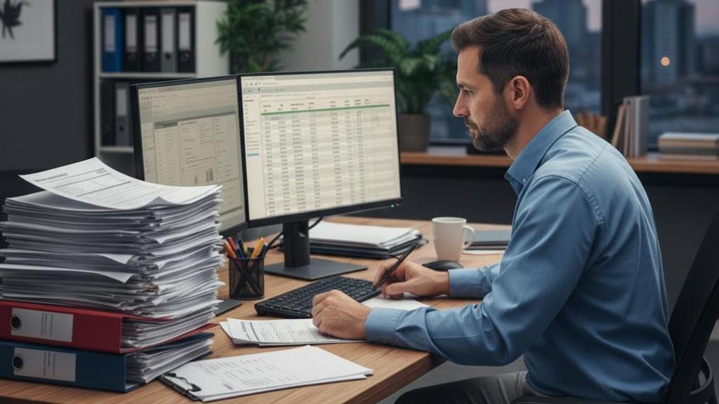 Imagen generada por IA de un gestor administrativo con facturas.