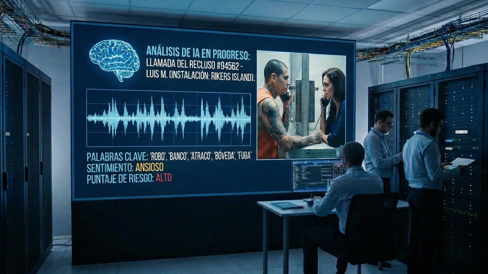 Imagen creada con IA que simula el análisis de una llamada de un preso.