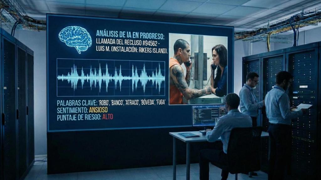 Imagen creada con IA que simula el análisis de una llamada de un preso.