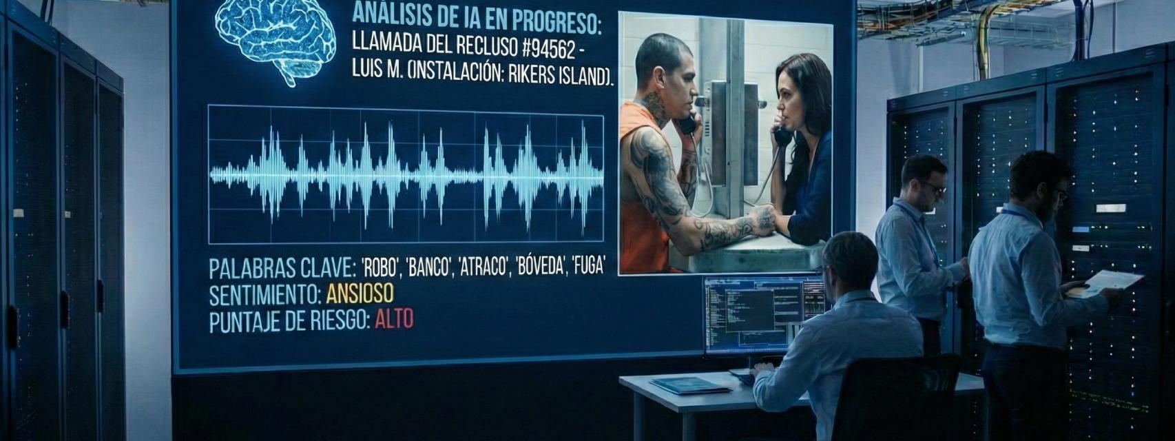 Imagen creada con IA que simula el análisis de una llamada de un preso.