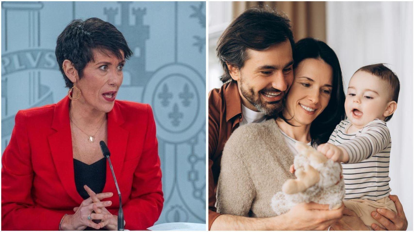 Montaje de la ministra Elma Saiz y una pareja con un bebé.