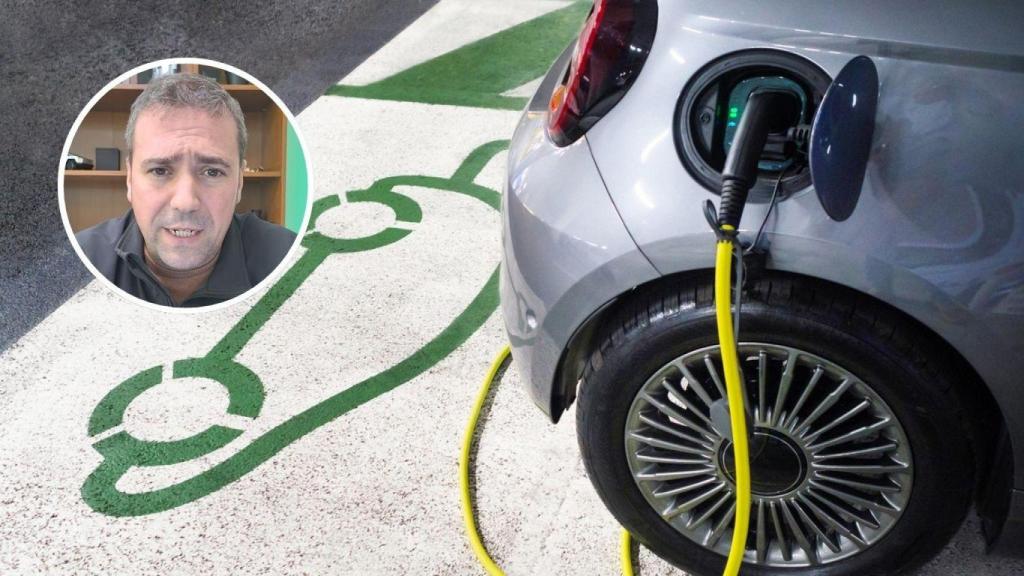 Montaje con Iván Ramírez, dueño de una empresa de puntos de carga de coches y un coche eléctrico (Imagen de archivo).