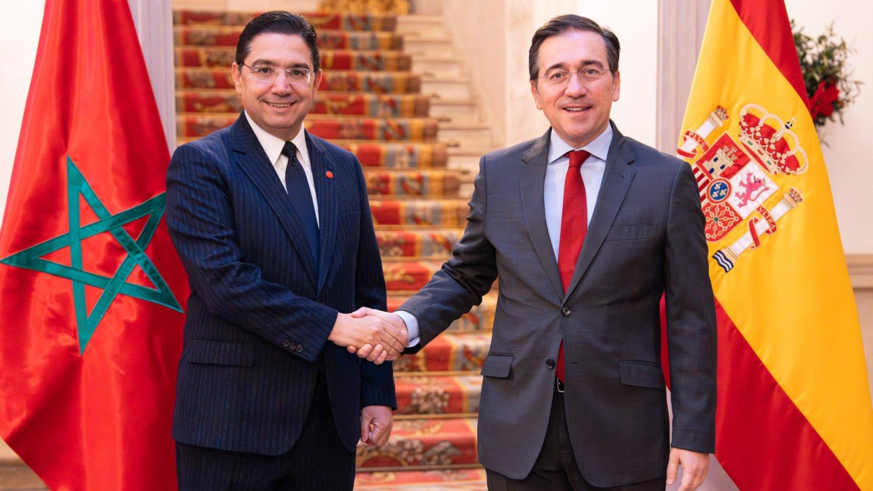 Los ministros de Exteriores de Marruecos y de España, Bourita y Albares, este jueves en Madrid.