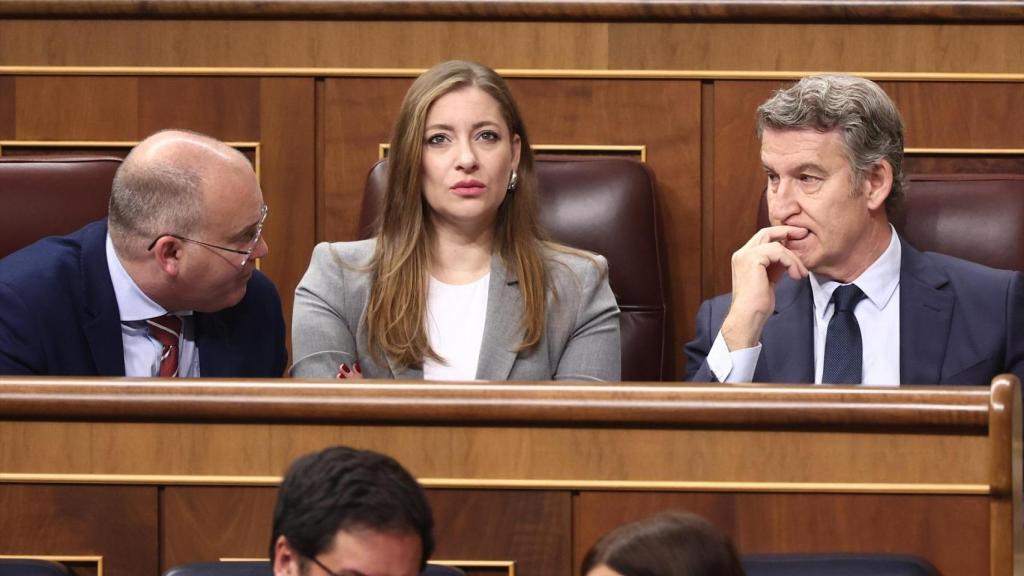 Ester Muñoz, portavoz parlamentaria del PP, entre Alberto Núñez Feijóo y Miguel Tellado, en el Congreso.