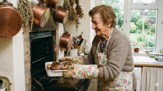 Señora sacando una bandeja de cordero al horno.
