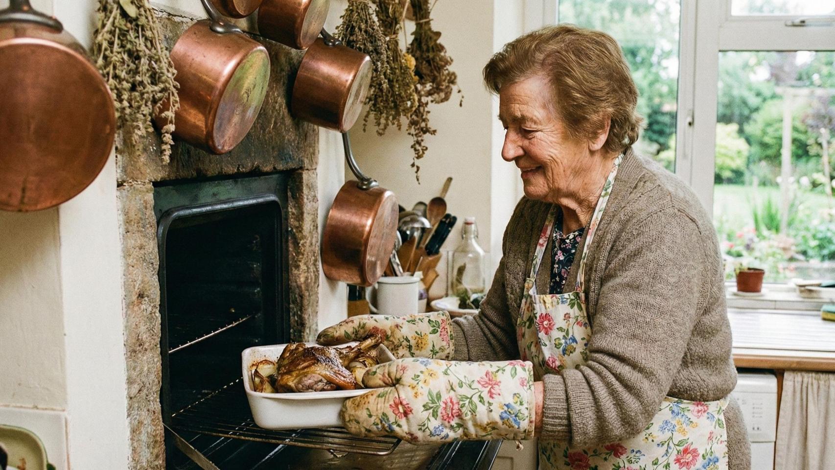 Señora sacando una bandeja de cordero al horno.