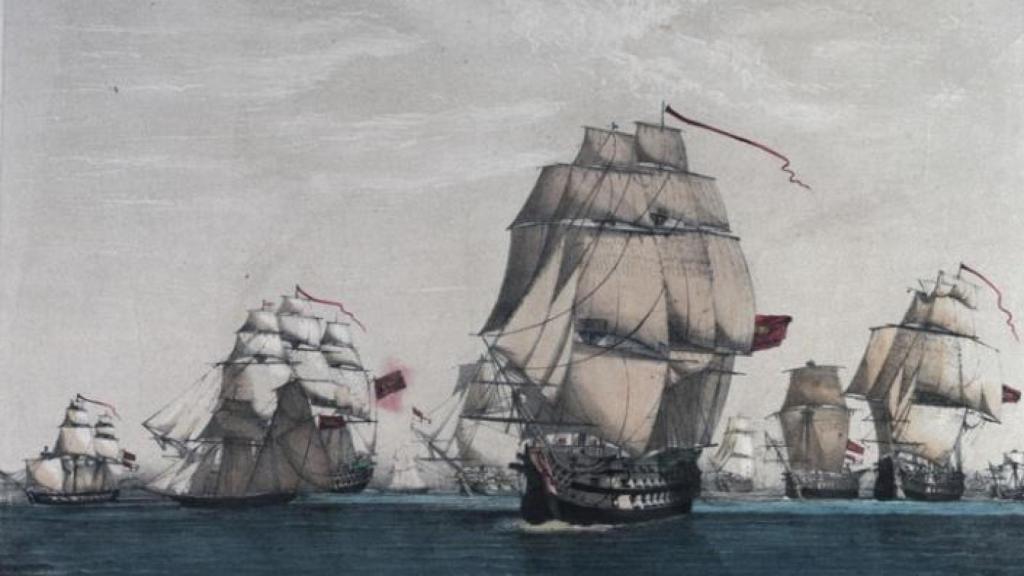 Grabado francés que recoge la captura del convoy británico por la Flota Combinada hispanofrancesa.