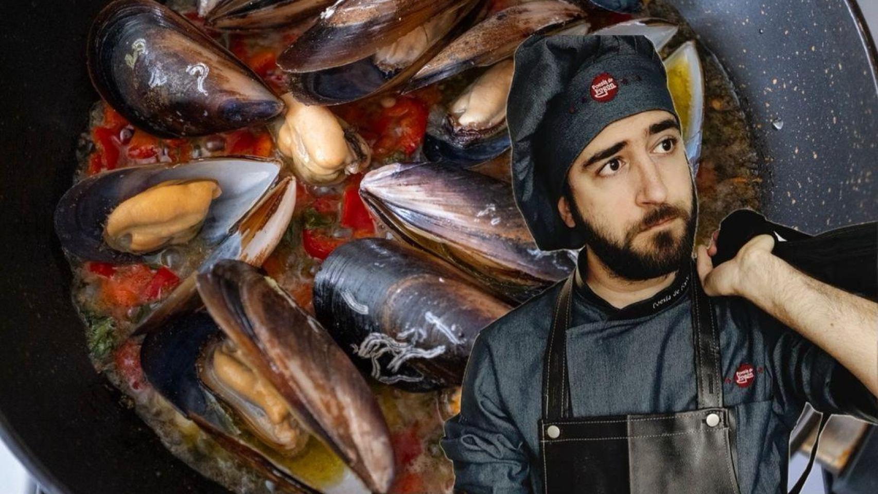 El cocinero Pablo Suárez junto a una olla con mejillones.
