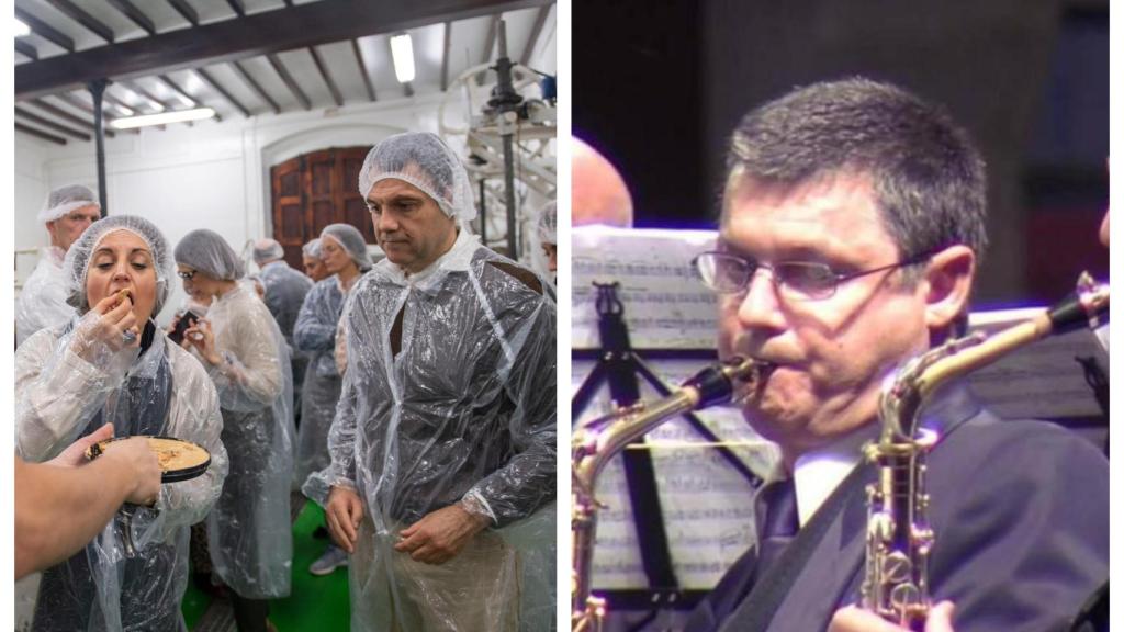 A la izquierda operarios en la fábrica junto a César, a la derecha el mismo tocando el saxofón.