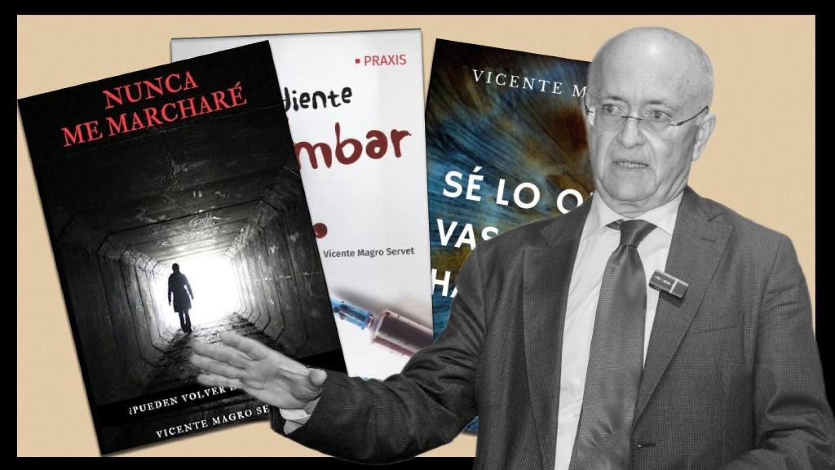 El magistrado alicantino Vicente Magro, con las portadas de sus tres últimas novelas.