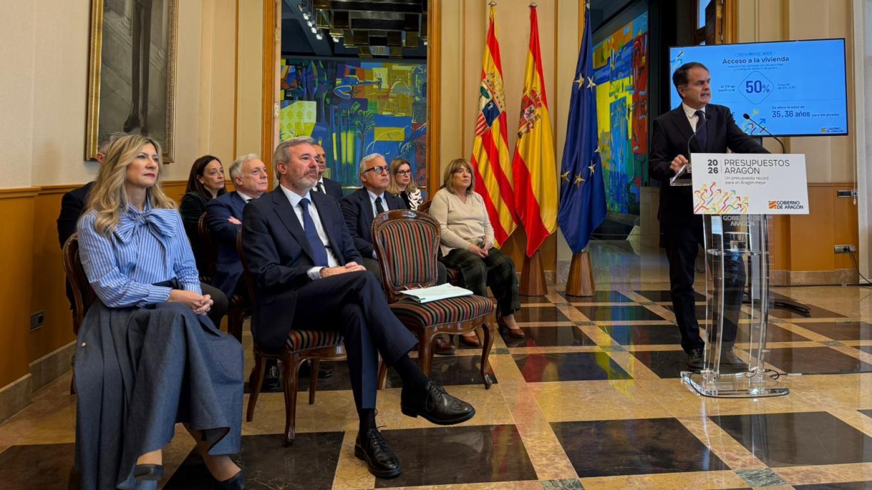 El presidente de Aragón, Jorge Azcón, este jueves en su último acto público, el homenaje a Javier Lambán.