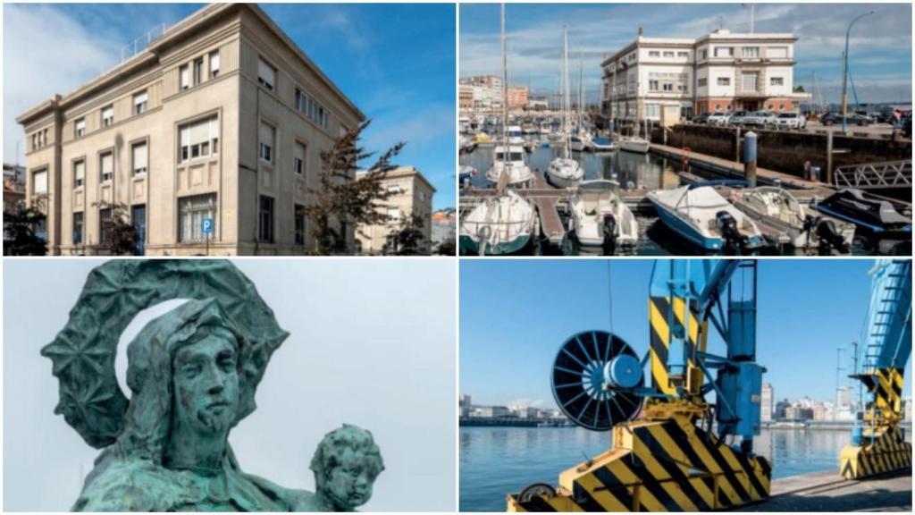 La sede de la Autoridad Portuaria, el Náutico, la estatua de la Virgen del Carmen y una grúa moderna del Puerto.