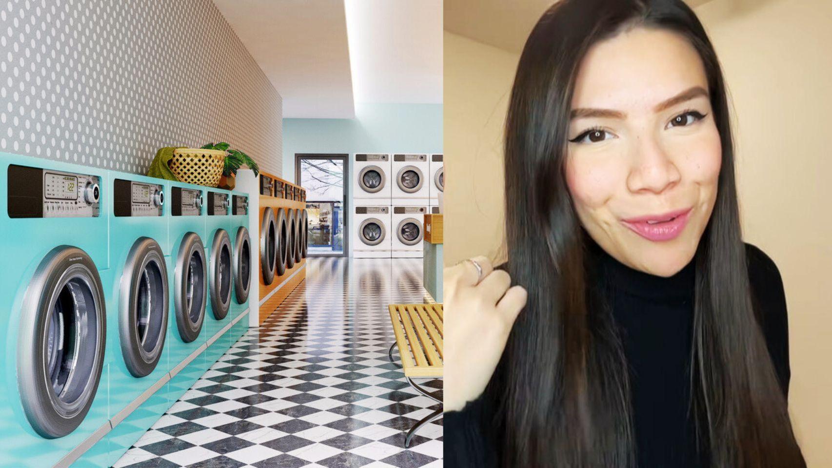 Una imagen de una lavandería y la creadora de contenido @melashgarcia.