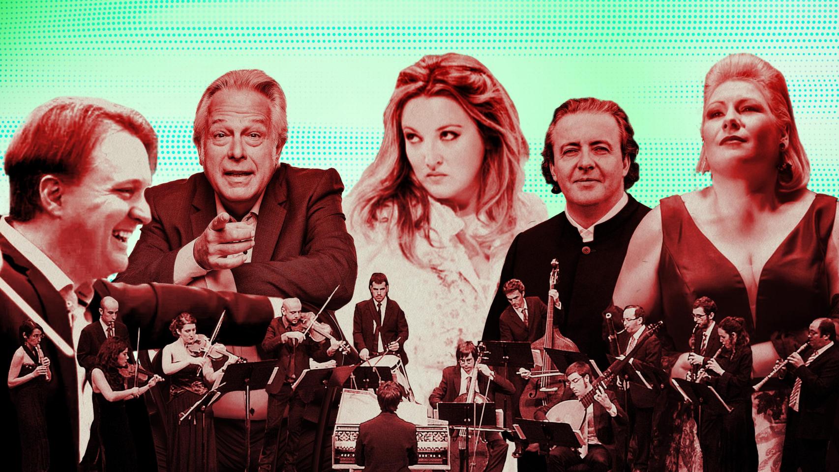 El director Kynan Johns,  el tenor Christoph Prégardien, la soprano Maite Alberola, el director Juanjo Mena, la soprano Mariola Cantarero y, abajo, el conjunto Vespres d’Arnadí. Diseño: Rubén Vique