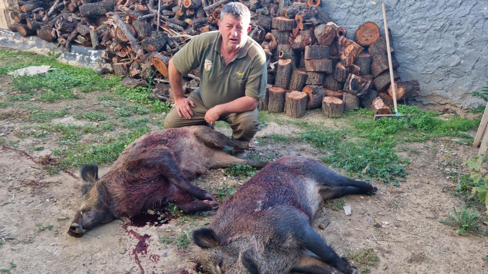 Ángel Nuño, con dos jabalíes abatidos.