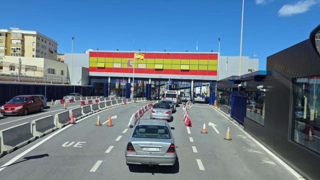 Long lines of vehicles at the border post between Spain and Morocco.